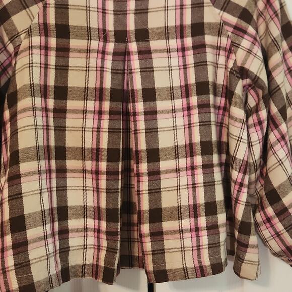 Nori Women's Pink & Brown Plaid Button Front Cropped Puff Sleeve Jacket Size LG - Picture 3 of 10